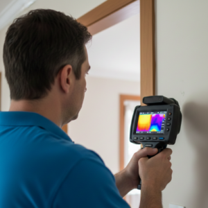 Engenheiro civil realizando inspeção termográfica com câmera infravermelha em parede residencial para identificar vícios construtivos e infiltrações no Rio de Janeiro.