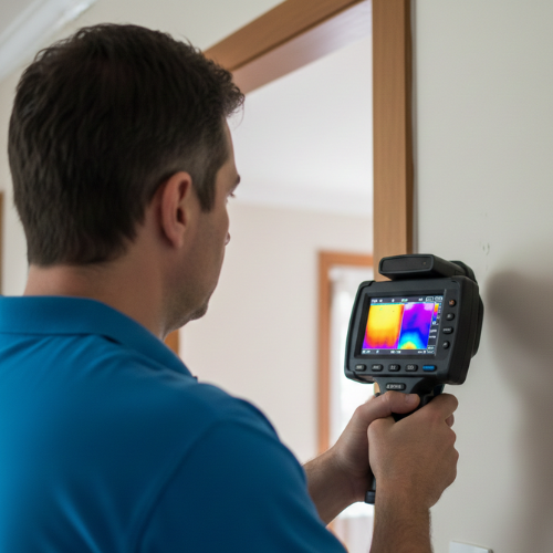 Engenheiro civil realizando inspeção termográfica com câmera infravermelha em parede residencial para identificar vícios construtivos e infiltrações no Rio de Janeiro.
